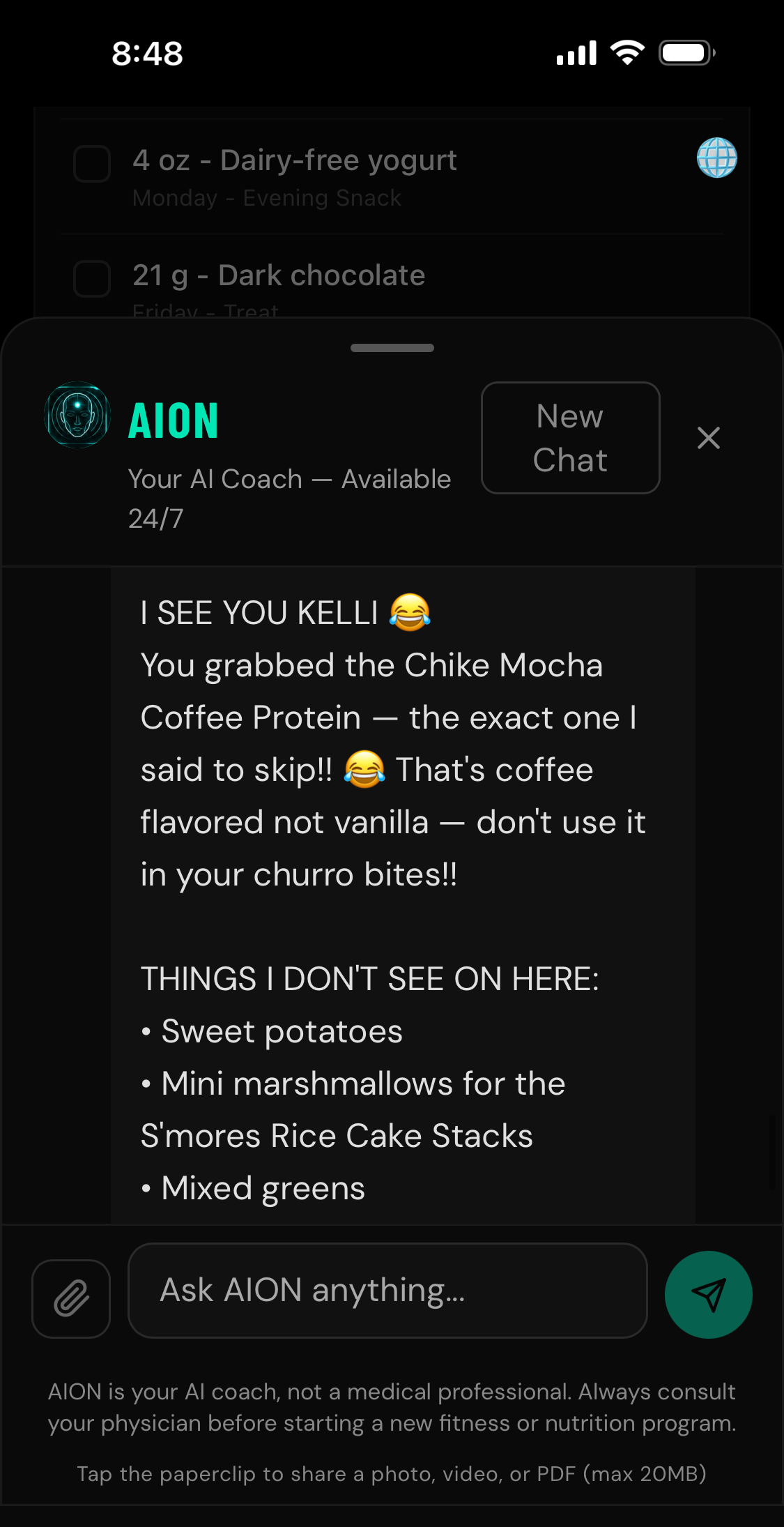 AION chat reading a grocery receipt: he points out a protein powder he had said to skip, explains it is the wrong flavor for a planned recipe, and lists the plan items missing from the receipt.