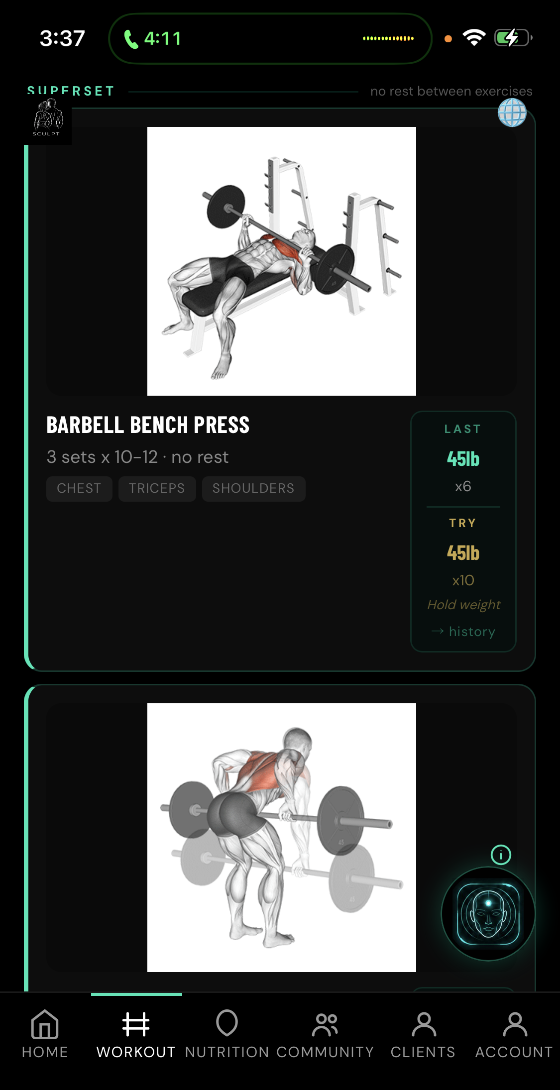 Today's workout: Upper Push and Pull, about 30 minutes, with a written warm-up and a bench press demonstration below the start button.